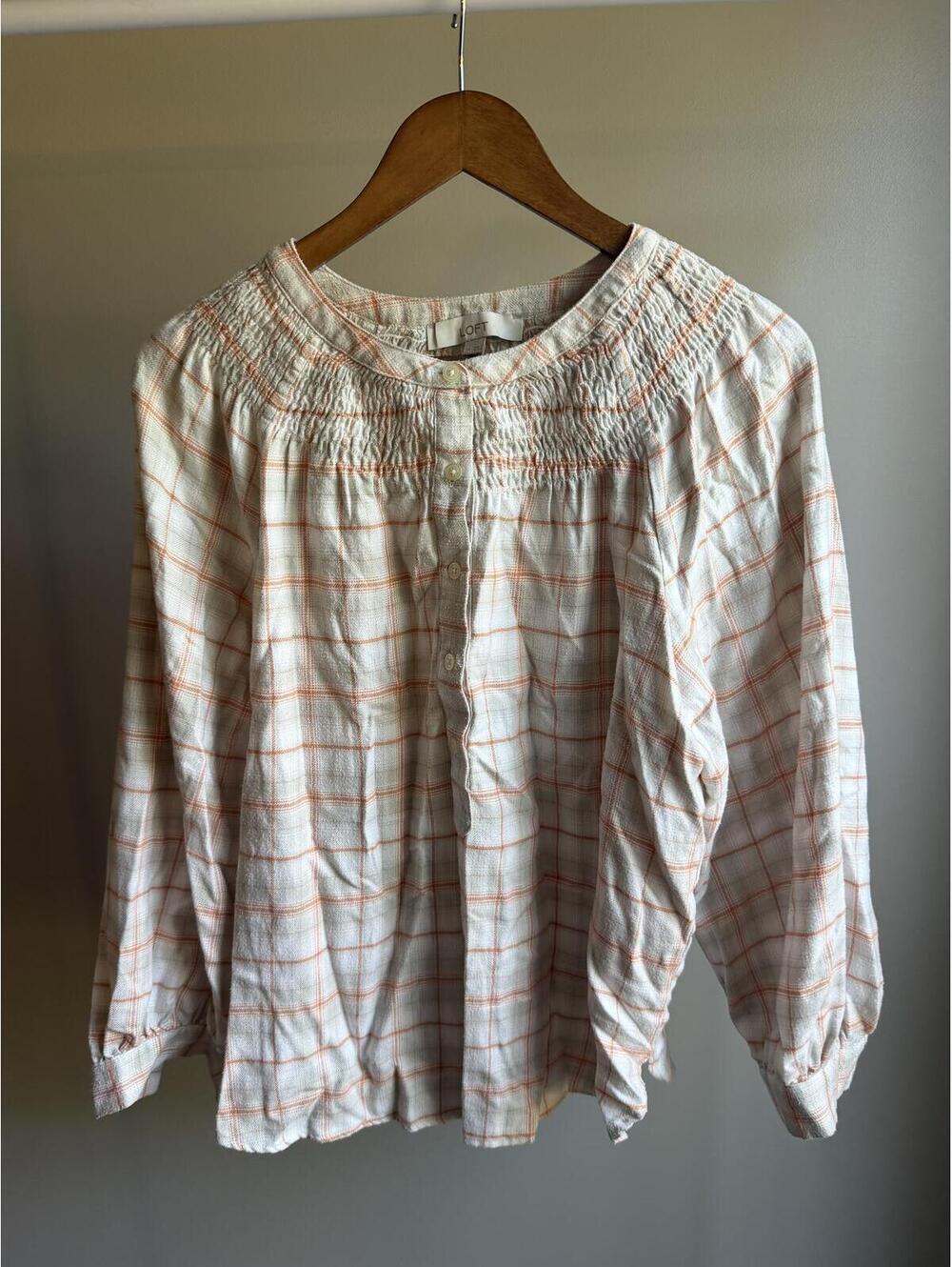 Loft viscose blend plaid half button down long sleeve shirt